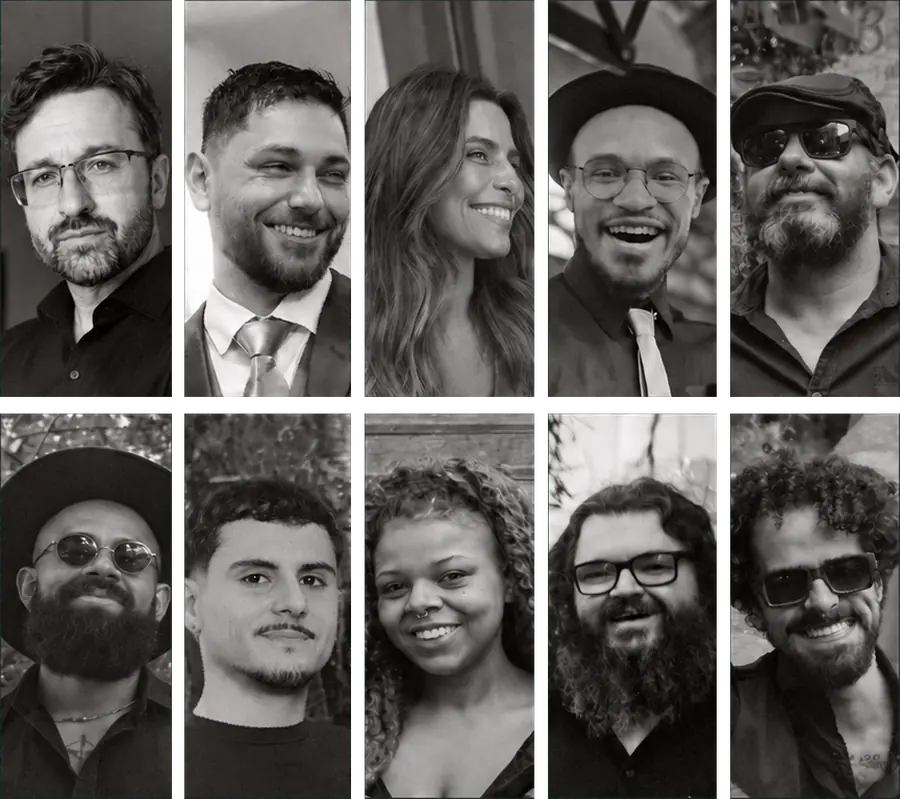 Os dez integrantes da MotherFunky, retratos em preto e branco